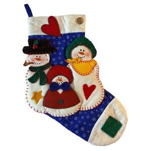 Snowman Family Christmas Holiday Stocking Applique 3D Blue